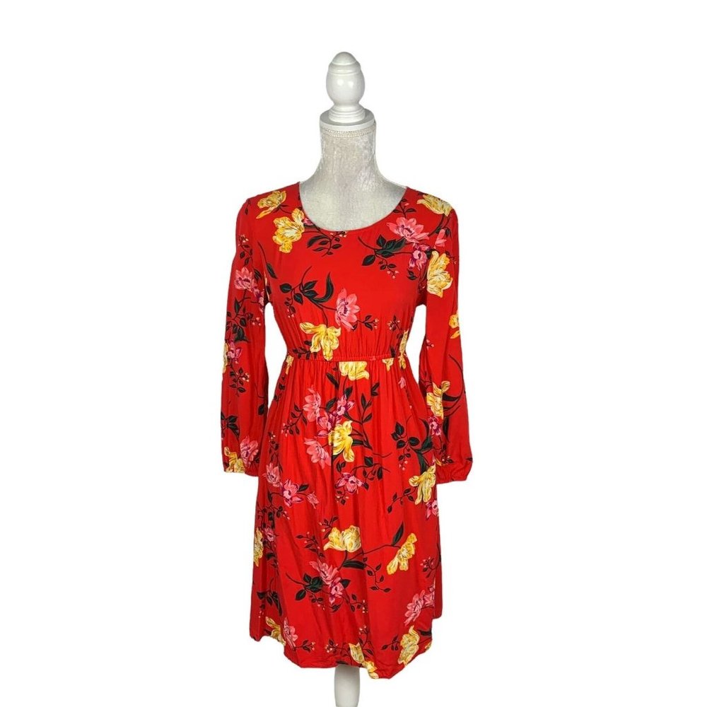 Old Navy Red Floral Maternity Dress Elastic‎ Waist Keyhole Back Cottagecore XS